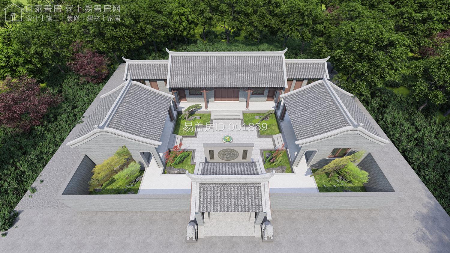 图建筑为中式风格的三合院形式,整体色调以灰色系变化塑造立面质感