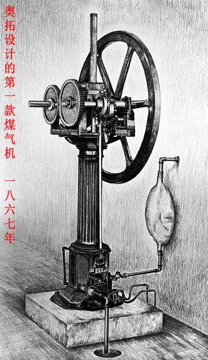 德国的尼古拉斯·奧托把勒努瓦发明的煤气发动机拿来研究后,开发出了