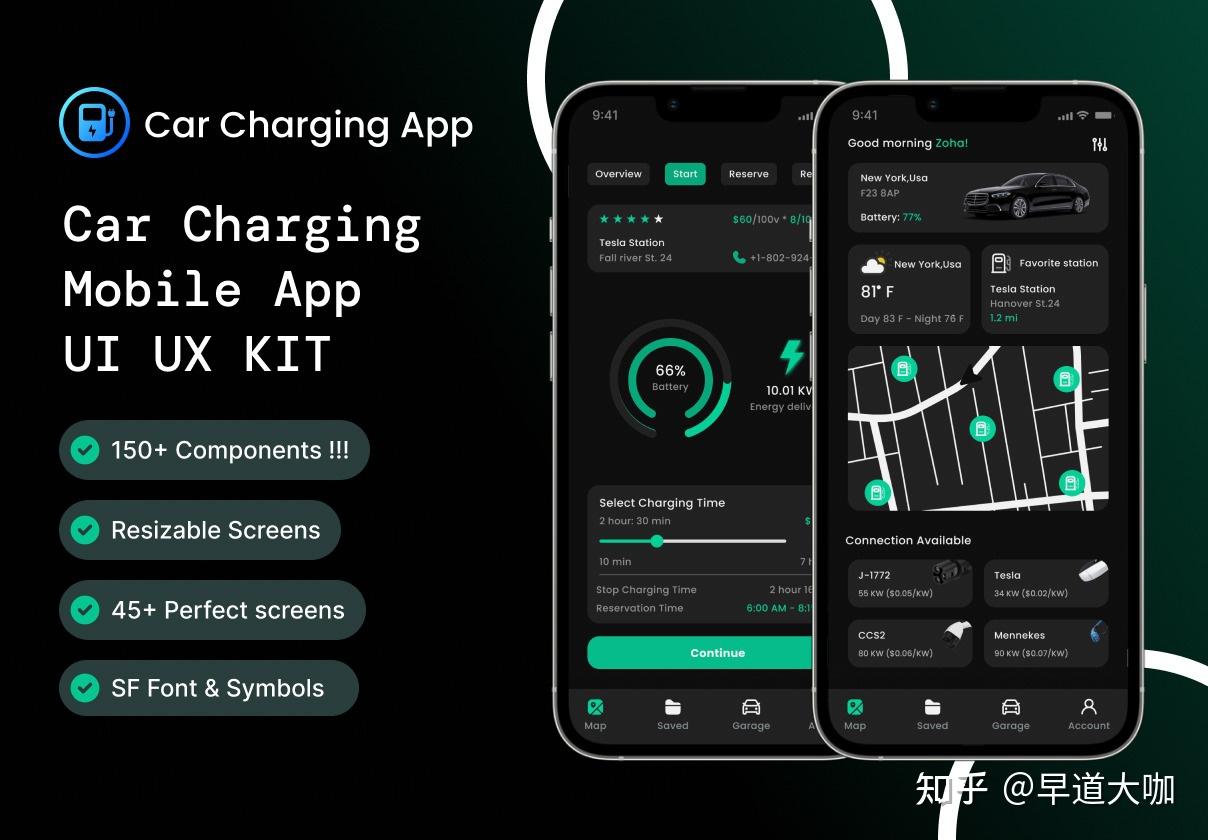 45+屏暗黑电动汽车共享公共充电桩充电站app ui界面设计figma模板套件 EVCharge Link – EV Charging ...