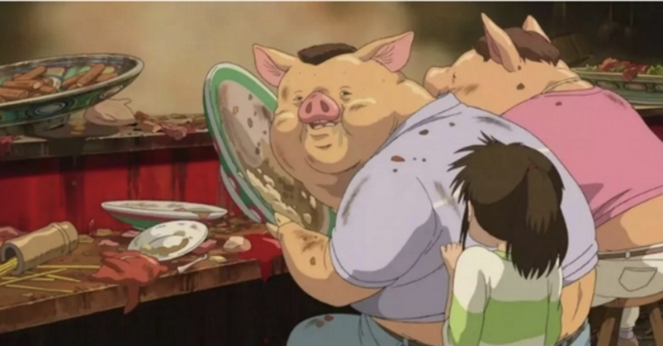 《千与千寻》中，宫崎骏用千寻暴食而变成猪的父母，内涵了泡沫时期贪婪的日本人。