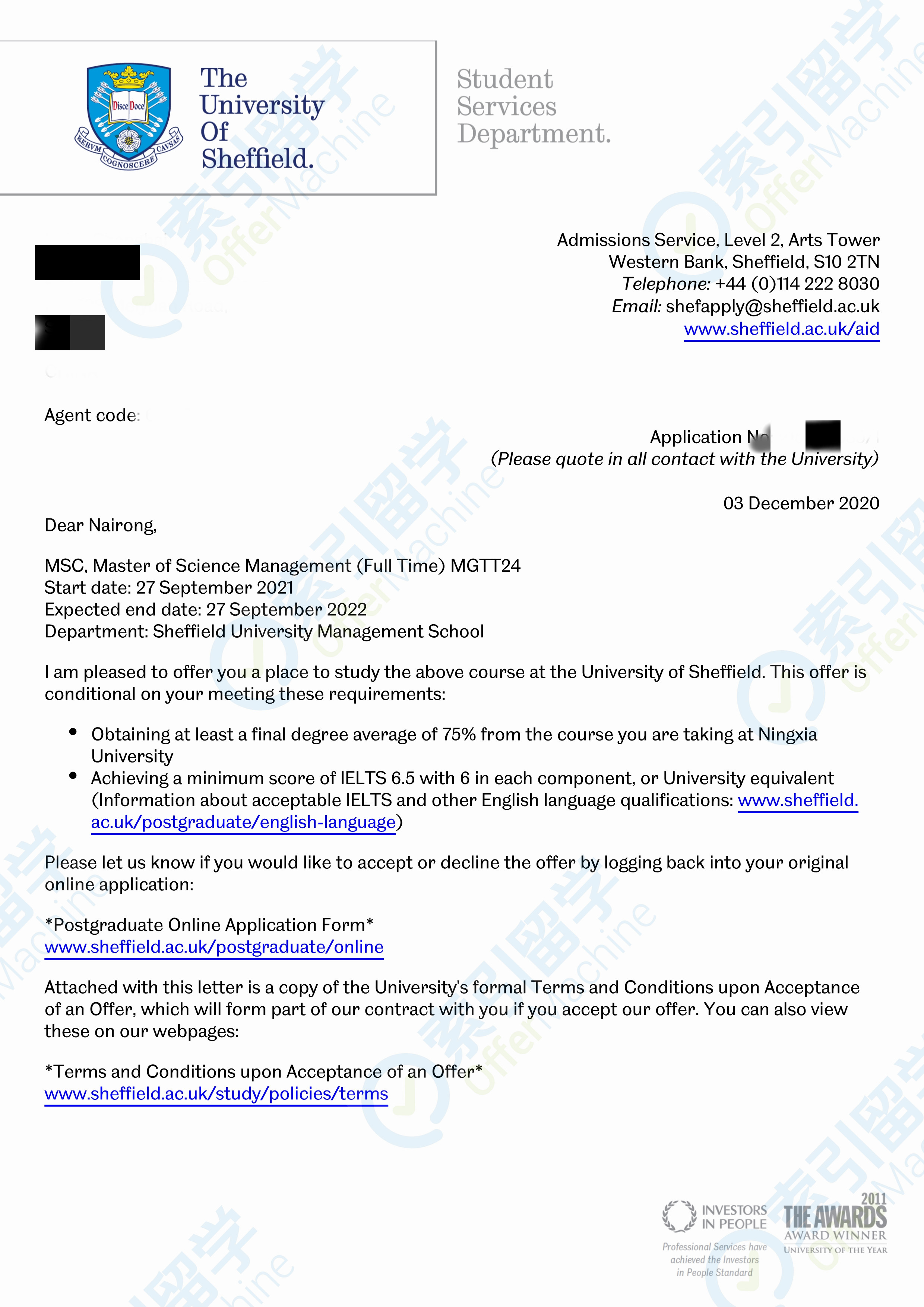 收获谢菲尔德大学管理学offer