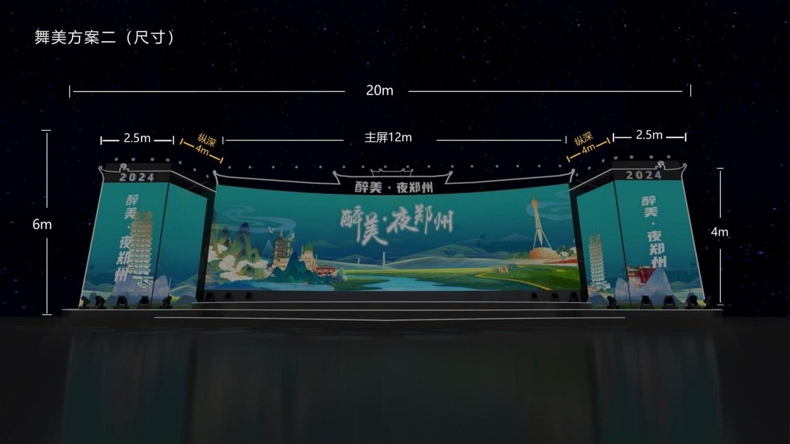 紧密围绕;中央河流造型代表 "黄河" 流经郑州;舞台凸出拱形灵感源自 "