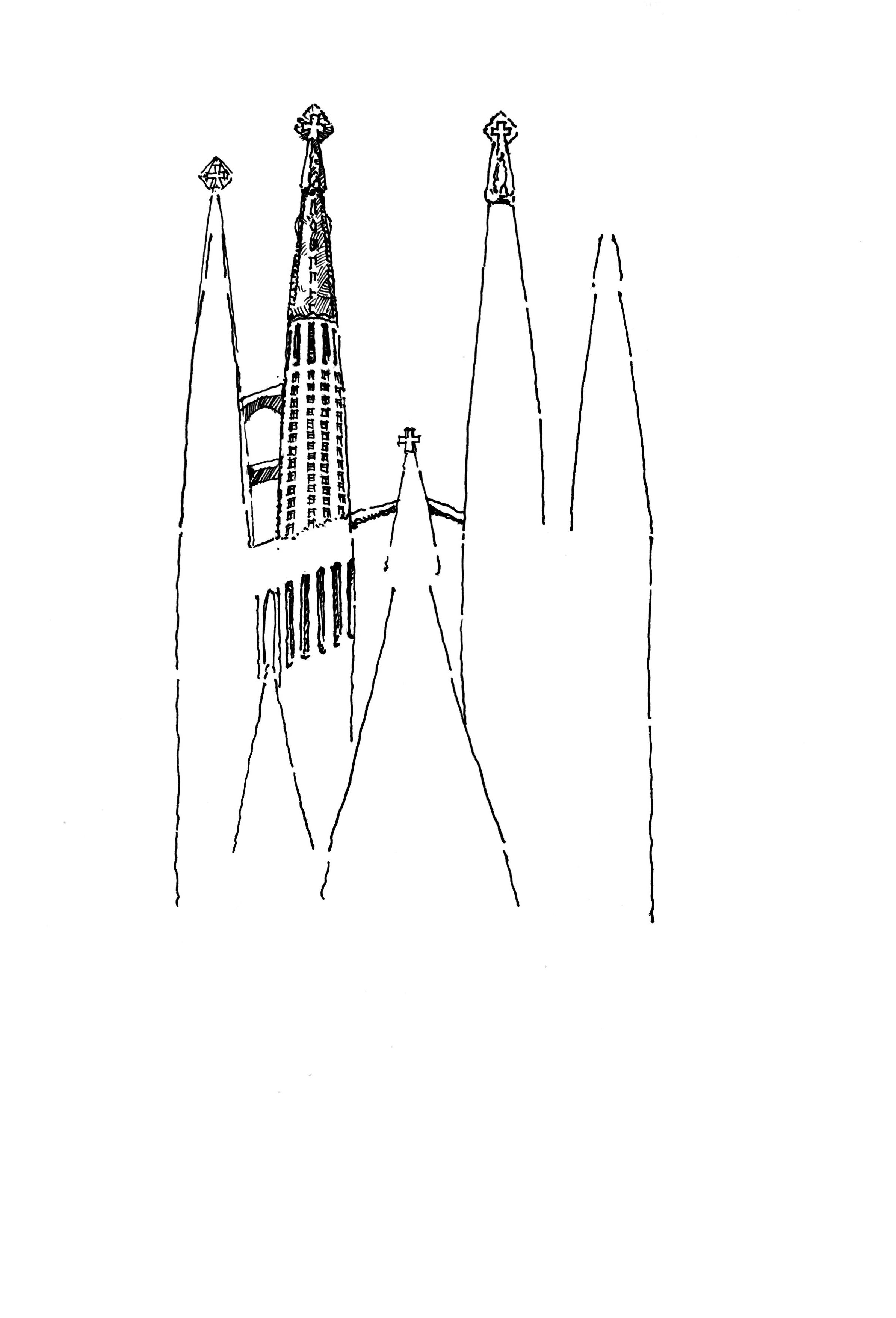 从中间的高塔开始画起,细致刻画塔尖及成排的隔窗,注意透视和比例.