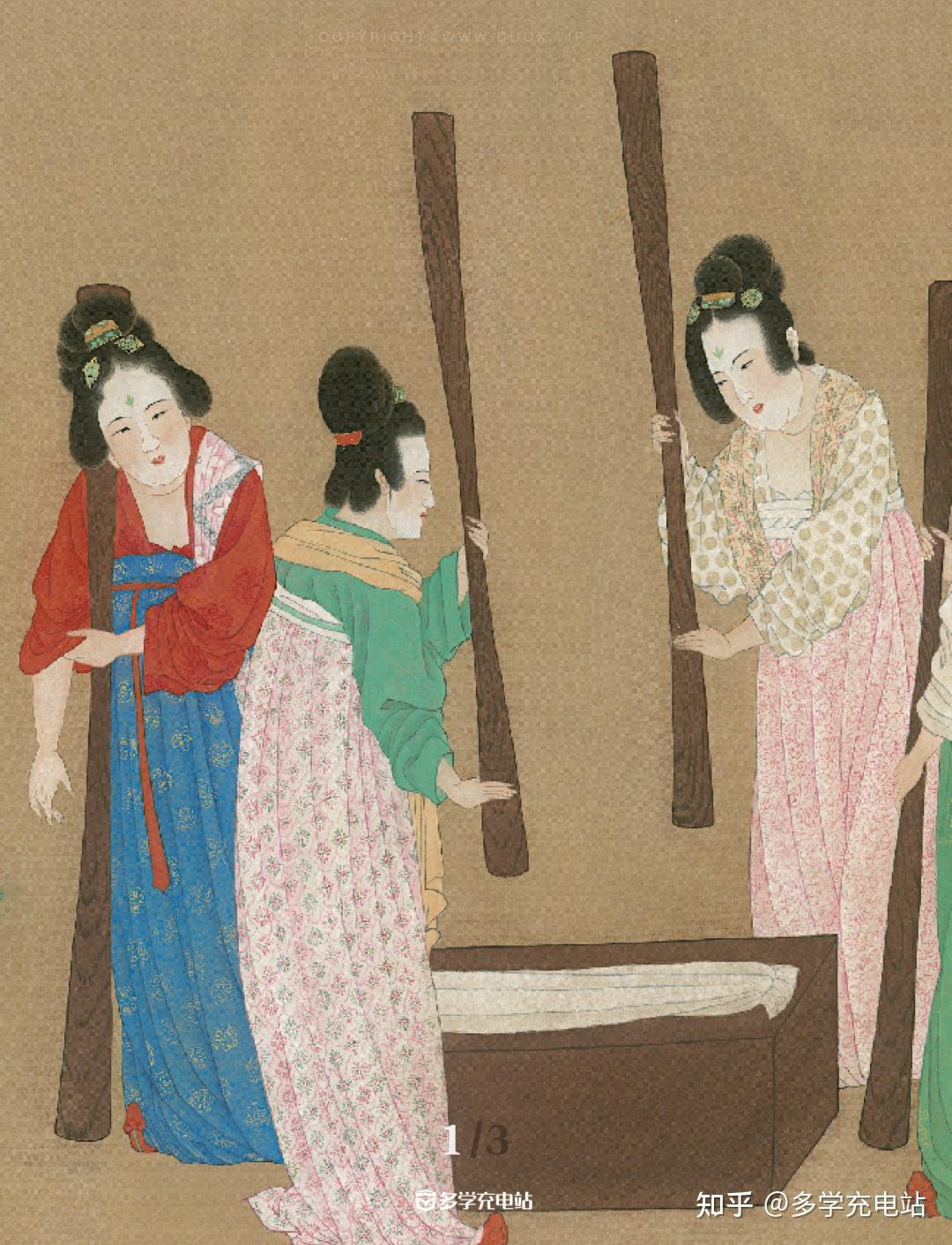 《捣练图》描绘的是唐代宫女在捣练,络线,熨平,缝制劳动操作时的情景