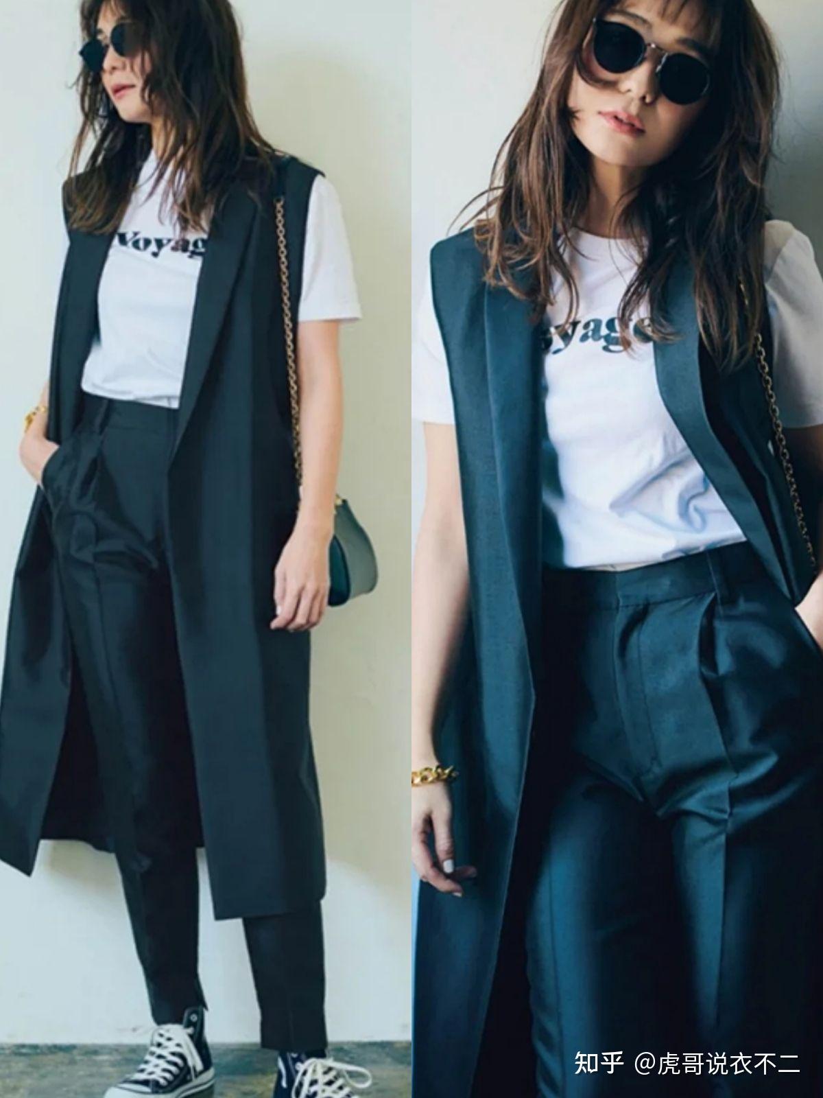 首先是长马甲 白色t恤,纯白t恤低调休闲又简洁,一来可以减轻长款马甲