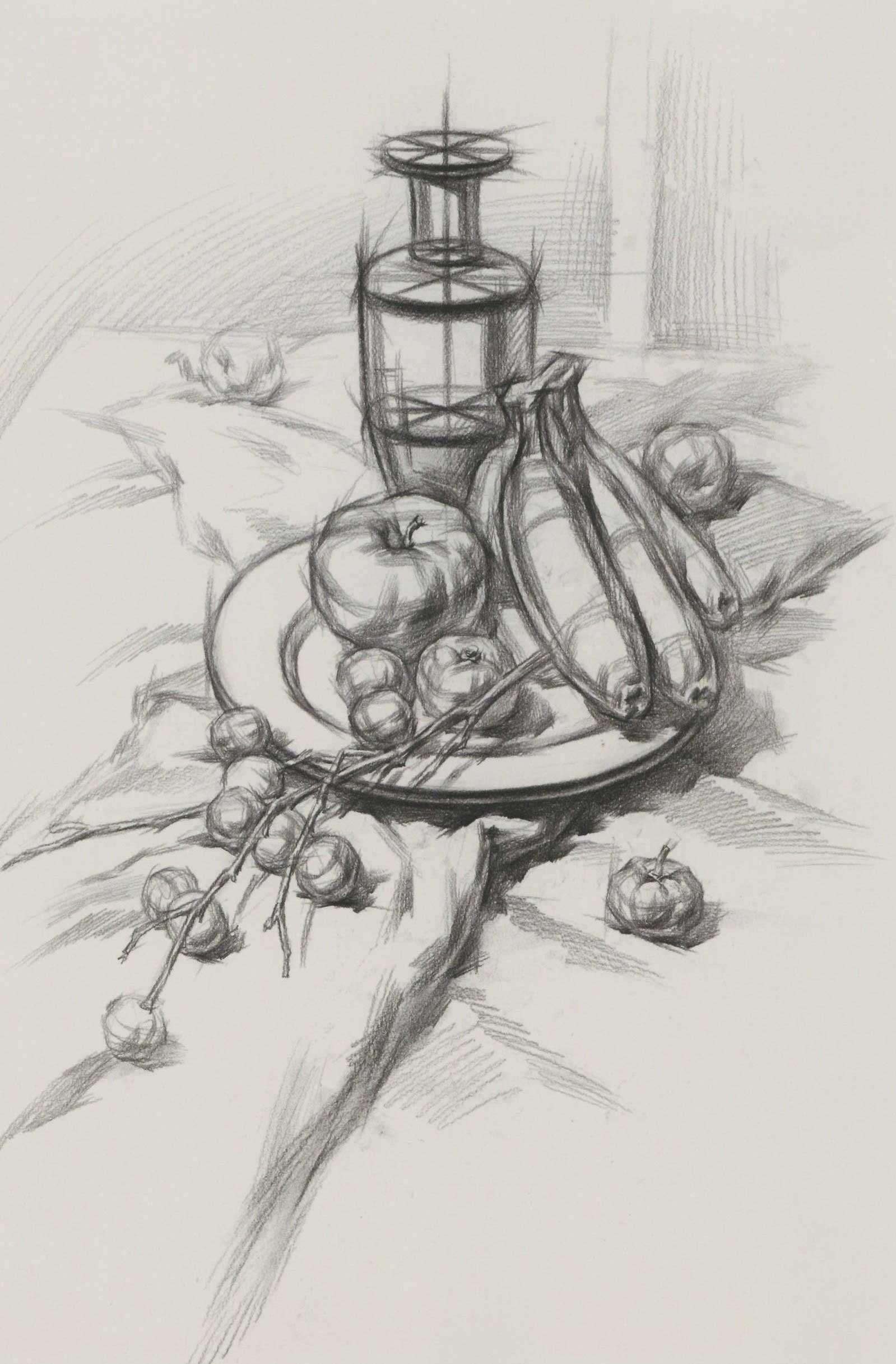 素描静物矿泉水瓶和梨的结构组合步骤图解-普画网
