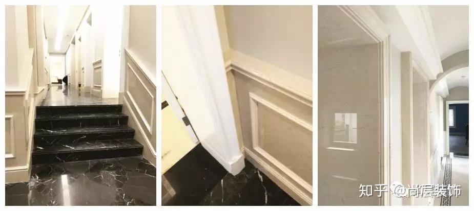 与护墙衔接美观;线盒排列整齐,与造型融合;石膏线与墙砖衔接完美