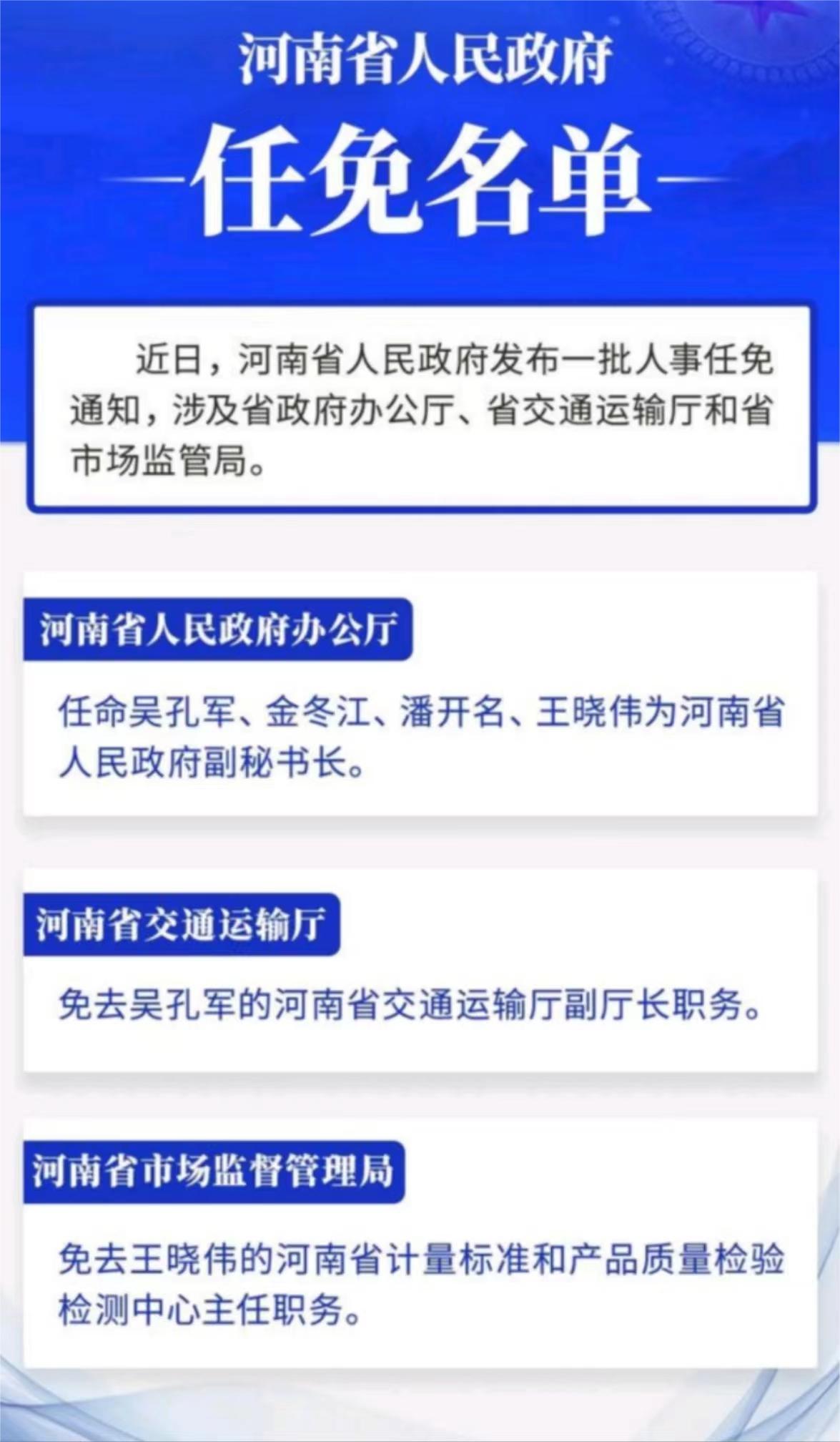 近日,河南省人民政府发布一批人事任免通知,涉及省政府,省交通运输厅