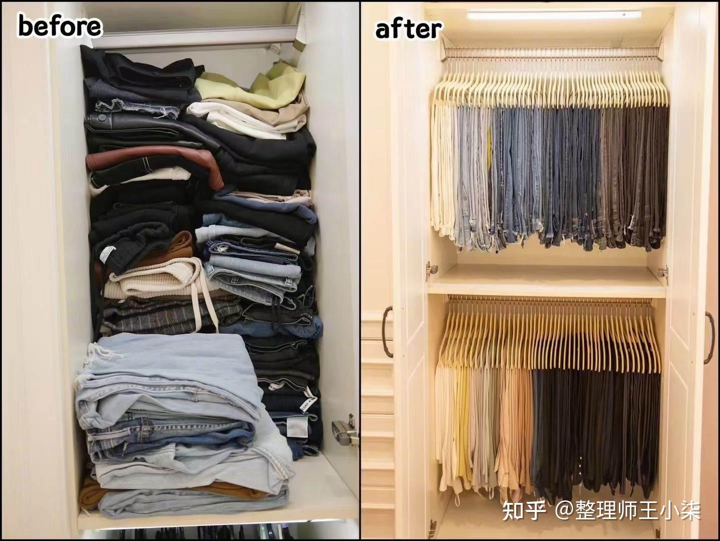 用衣架中间拦截挂裤子,放置短衣区.选择植绒衣架,防滑不褶皱.