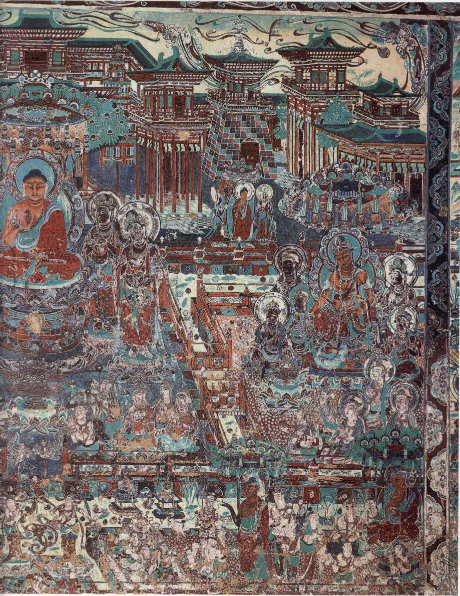 神游千年大美敦煌盛唐217窟北壁观无量寿经变西方净土钟楼韵扬飞天穿