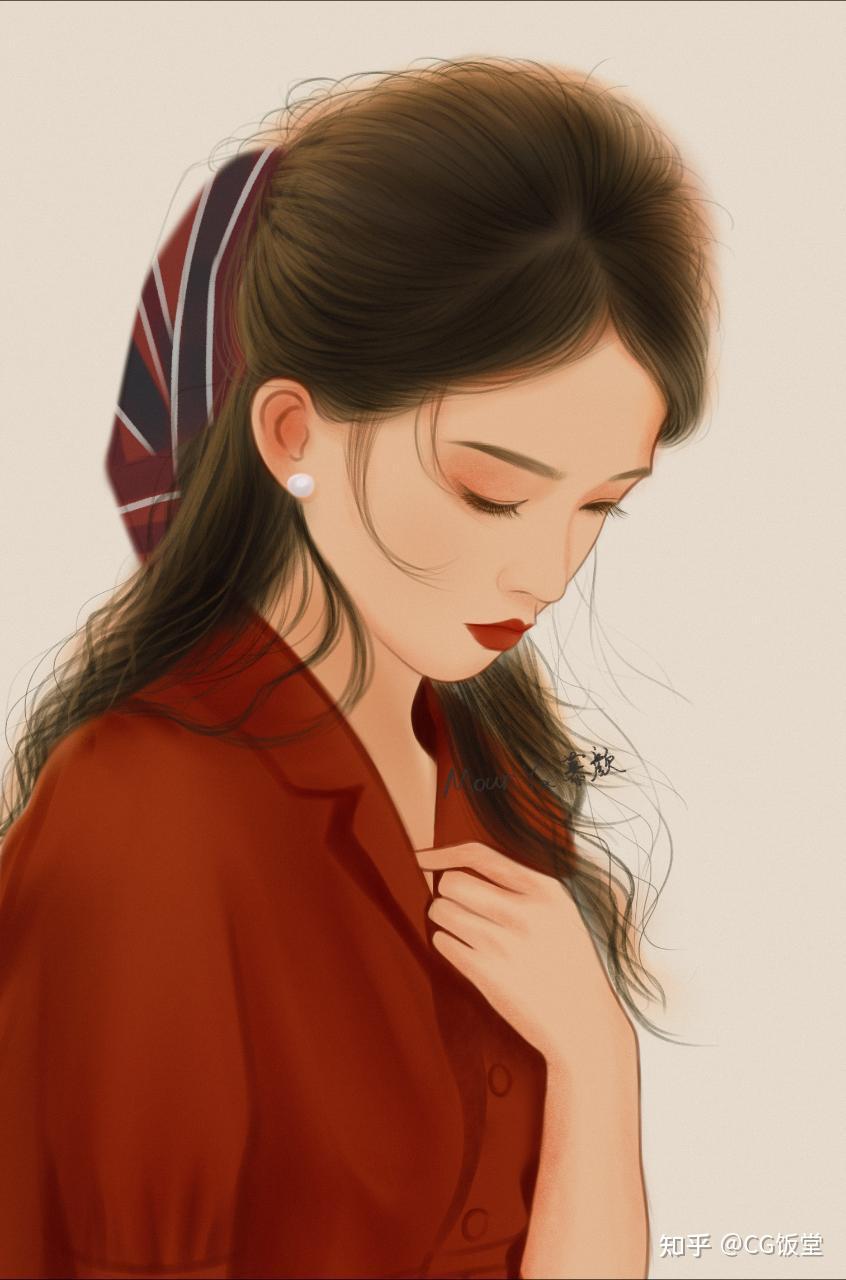 红色   长发女神头像   插画师 慕颜summer