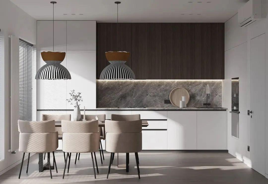 并列式餐厨空间,将餐桌与橱柜操作系统并列排布,形成