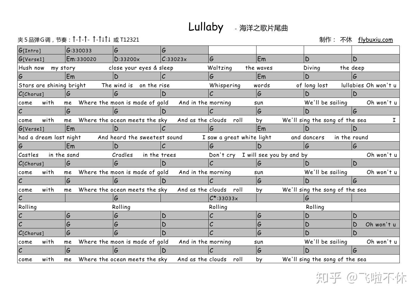 吉他谱songofthesealullaby电影海洋之歌片尾曲