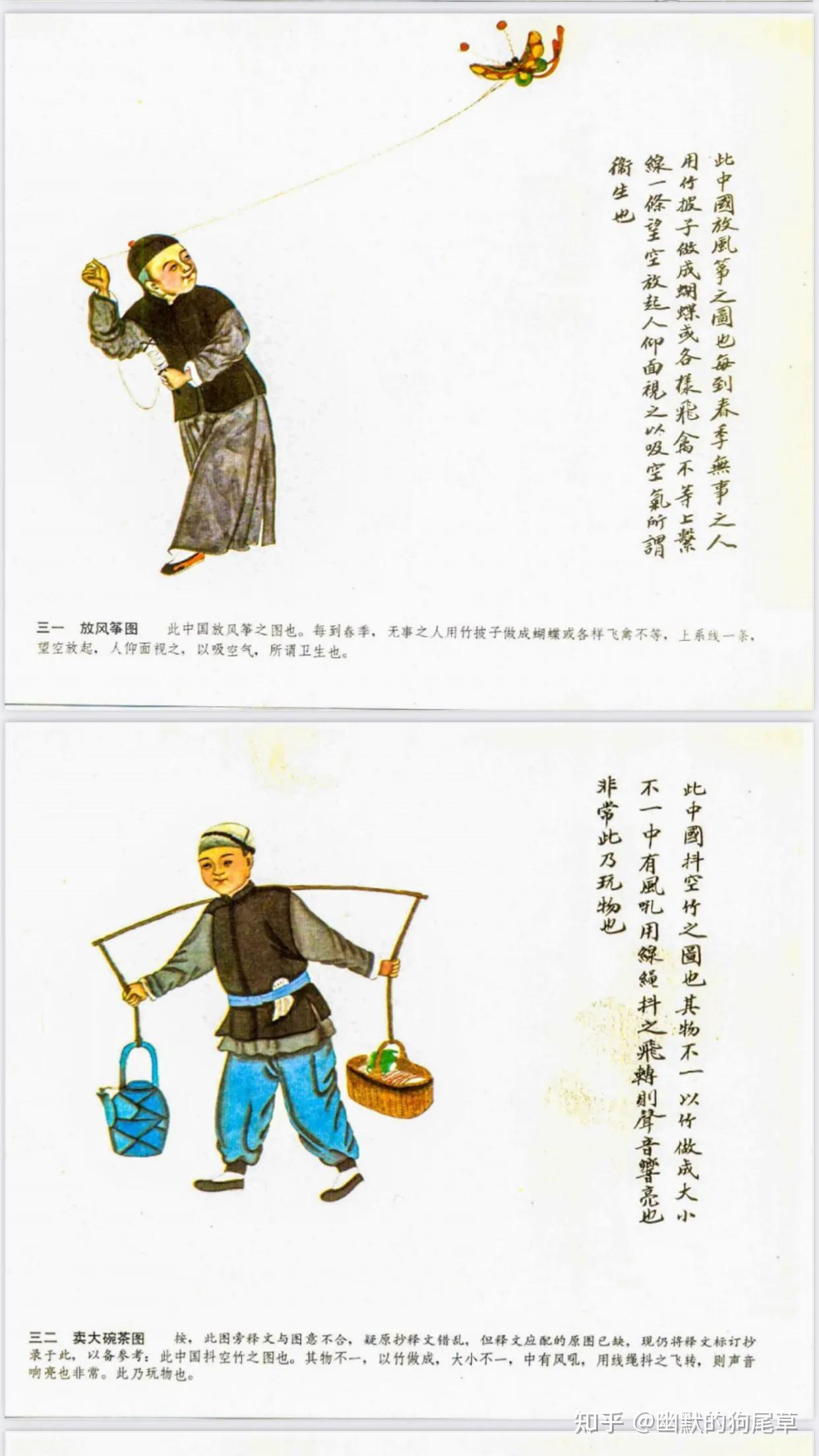 卖大碗茶图31,放风筝园30,宰羊图29,蹬梯子图28,广东妇人图27,批"殃榜