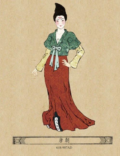 襦裙是比较基础的款式之一,初唐时期襦裙是以小袖为尚,晚唐是以宽袖为