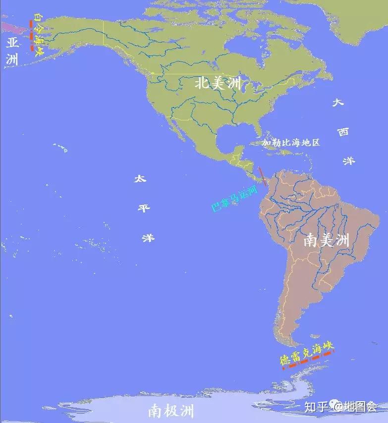 南北美洲以巴拿马运河为分界线,北美洲与亚洲隔着白令海峡,南美洲与