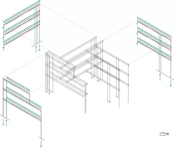 缺柱住宅三组柱筒结构概念分解轴测图