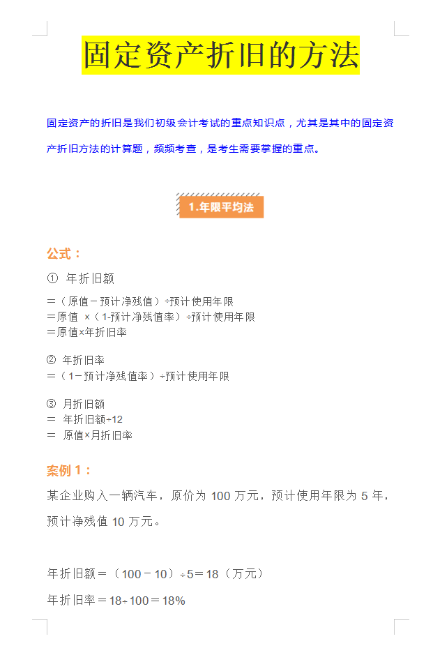 1,年限平均法年折舊額 =(原值-預計淨殘值)÷預計使用年限年折舊率 =