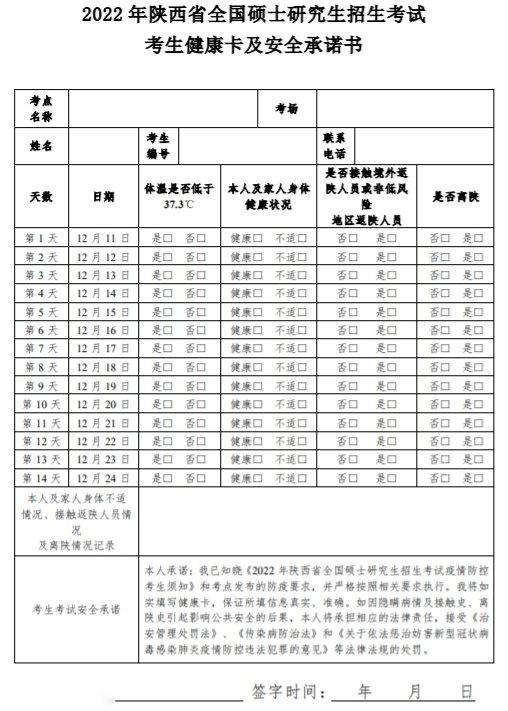 陝西2022考研健康卡及安全承諾書在哪裡下載