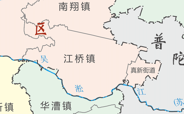 嘉定区边界线的情况类似,在南翔镇与江桥镇之间也有一部分笔直的边界