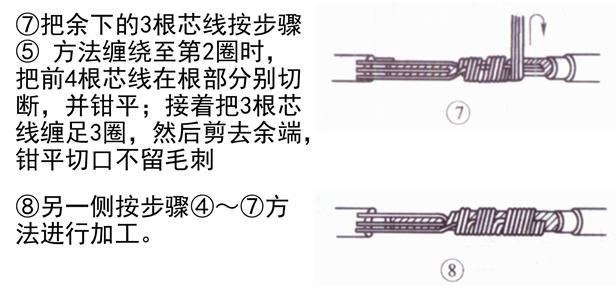 多股铜芯导线的t型连接:(以7股铜芯线为例说明多股铜芯导线的t字形