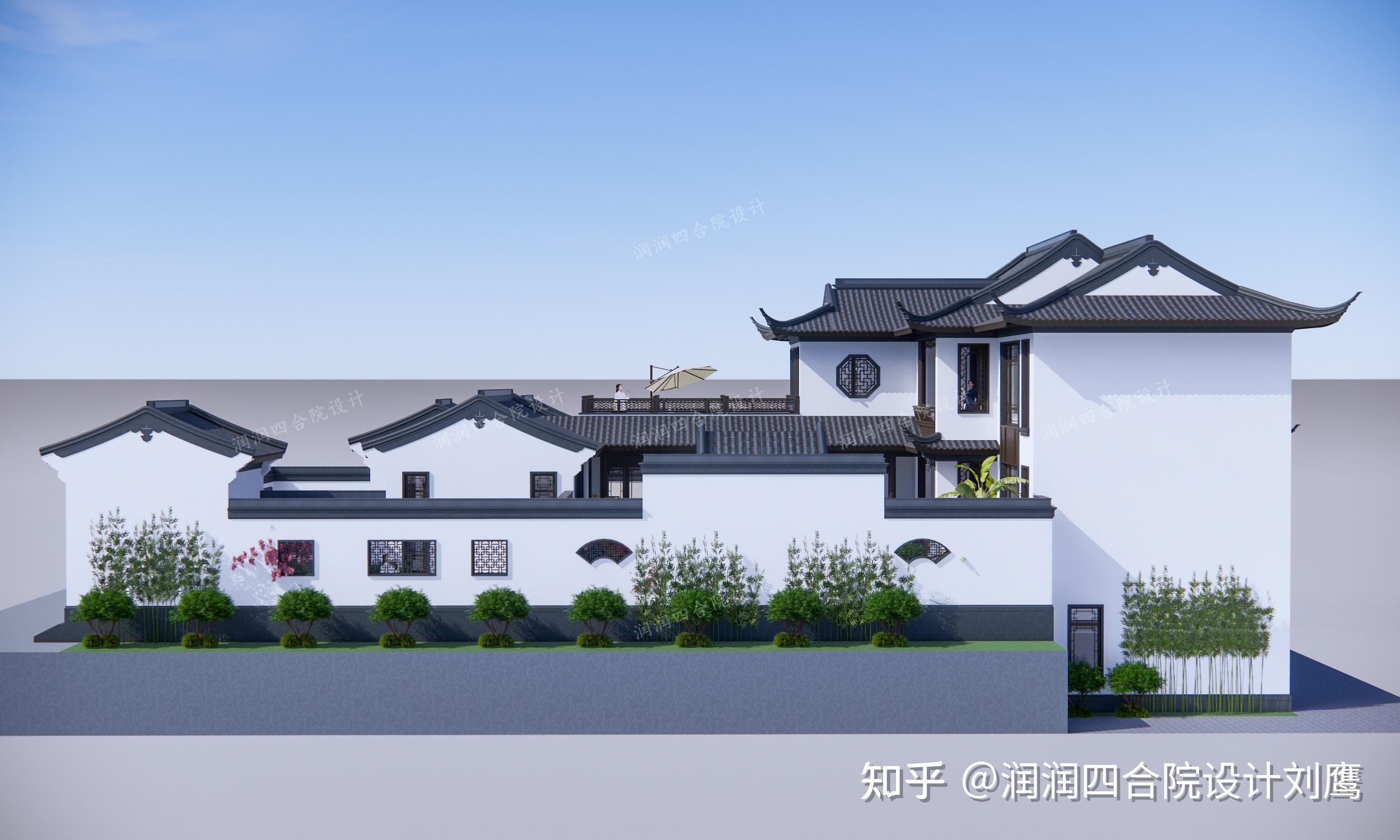 实现4个庭院2个车位;不对称的中式造型,给这个大进深的院子每个立面