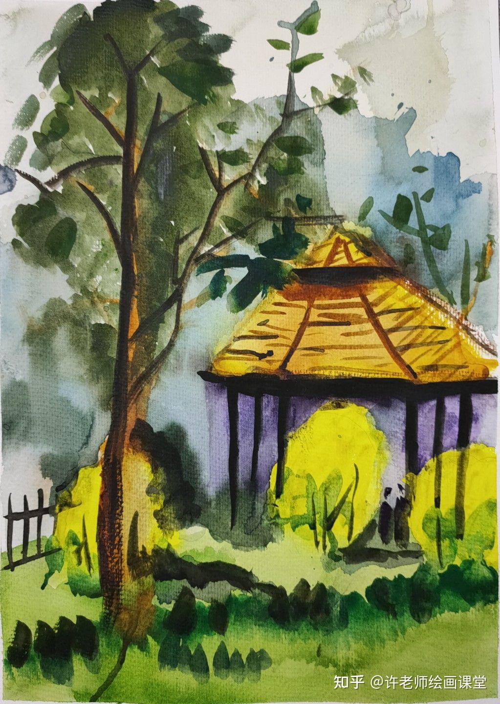 一堂儿童水彩画课写生风景临摹