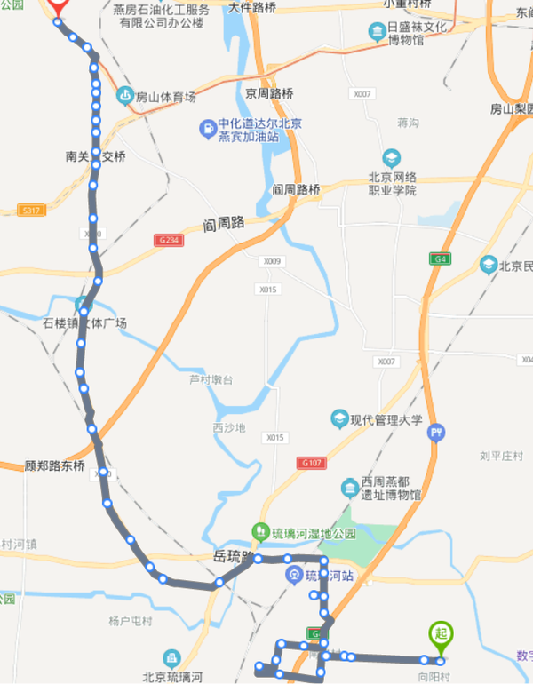 周庄村东→南洛北→北洛→金隅建材学校→琉璃河水泥厂家属区→房 