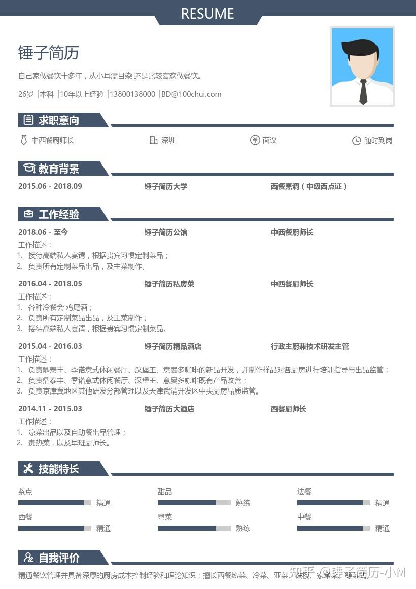 中西餐厨师长简历带内容参考