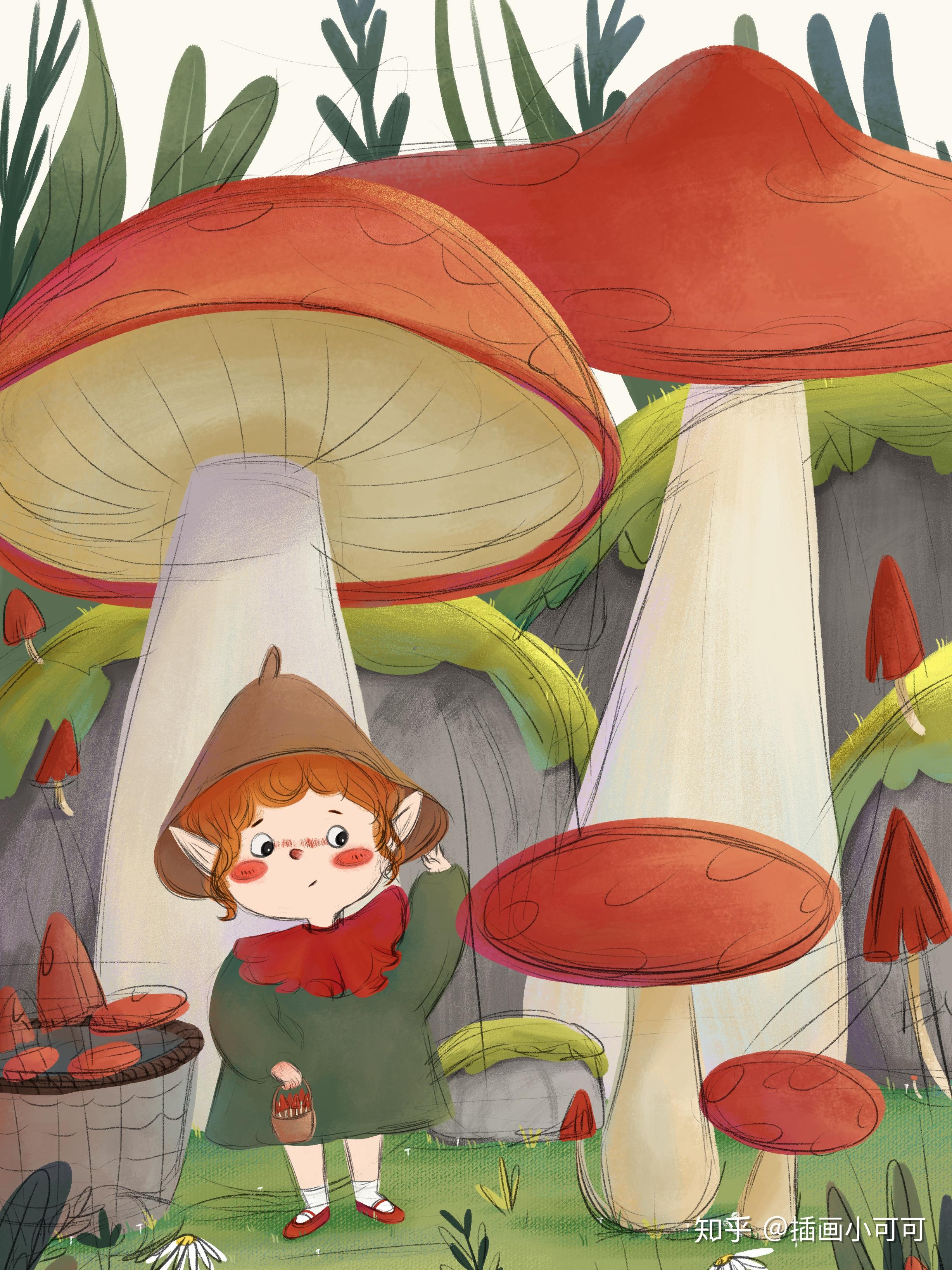 原创儿童插画采蘑菇的小精灵