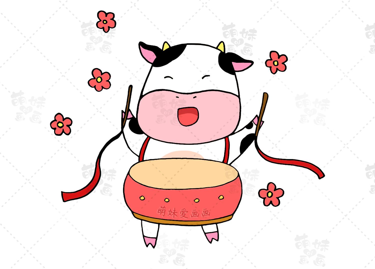 春节牛简笔画彩色图片