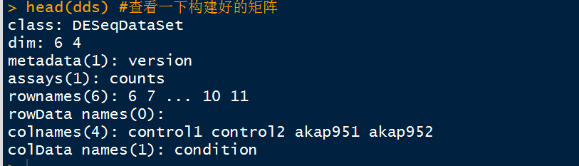 dds  - deseqdatasetfrommatrix(countdata = cts, coldata = coldata