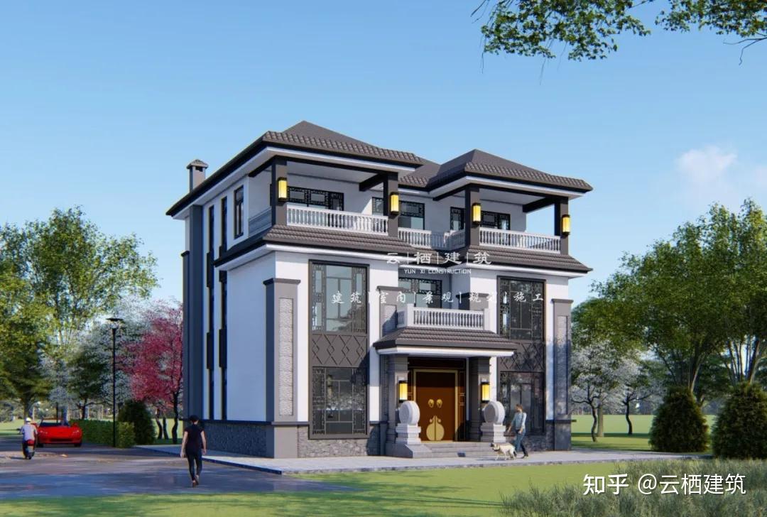 搭配中式元素的装饰柱和深咖色的成品构件丰富立面造型