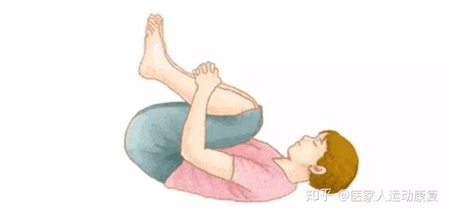 仰卧抱膝:仰卧位,双腿双脚并拢,屈膝,双手抱膝,头部尽量向膝盖靠拢