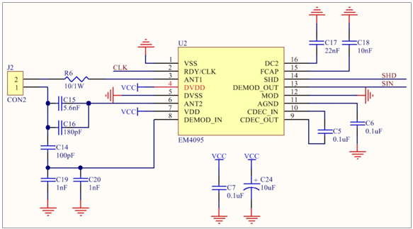 第一部分:读卡器主控em4095部分的硬件电路原理图分为多个部分,下面