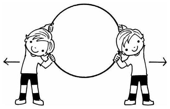 每2人1组手持呼啦圈帮助对方拉伸(图3)图2两人同时握住对方的手,用