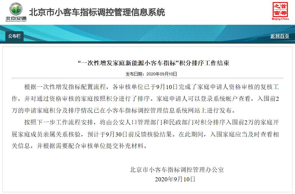 最高228分北京增发新能源小客车指标入围家庭公布