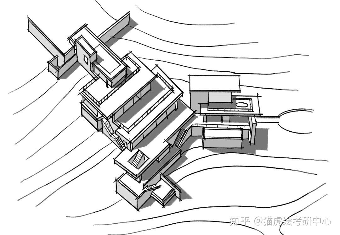 1 根据需求确定两个建筑体量,依照地势,沿着登高线形成夹角布局2