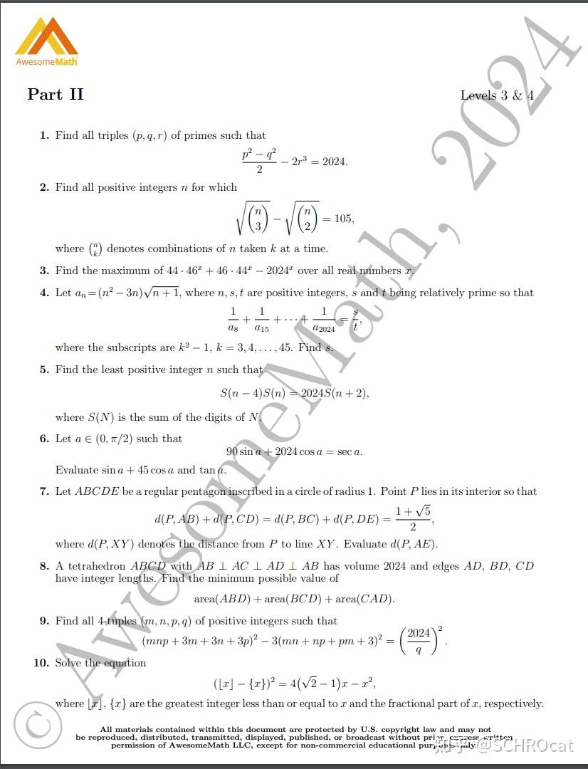 Awesome Math AwesomeMath 奥森数学营申请题集 A Part II 原文+翻译【侵删】 - 知乎