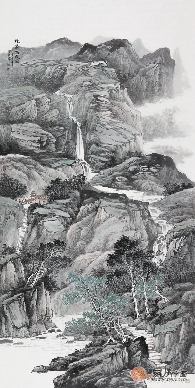 (137*69cm)這幅李國勝國畫山水作品《林泉高致圖》,以四尺豎幅的惺澆