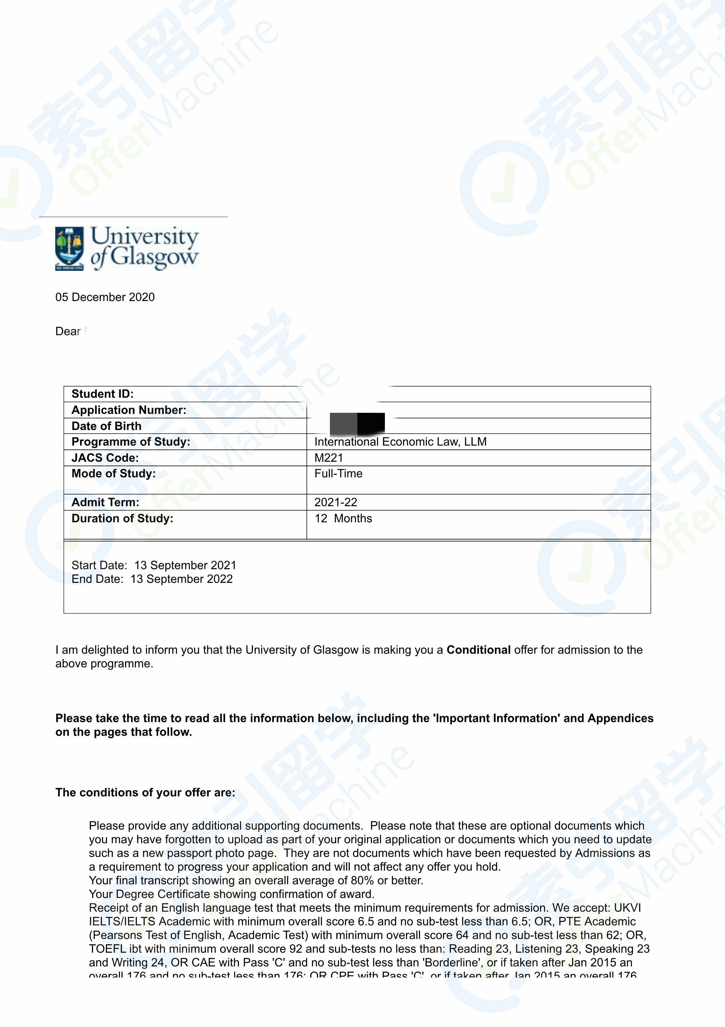 无雅思申请获得格拉斯哥大学offer