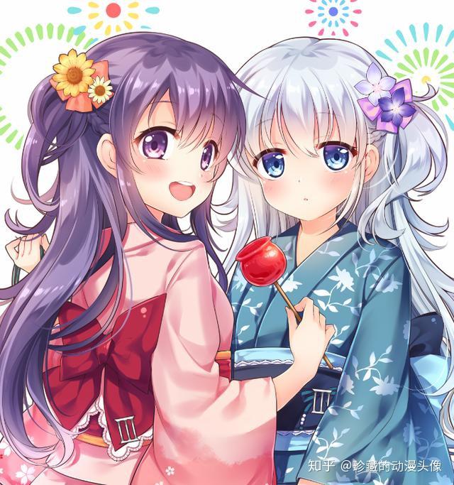 二次元和风美图身穿和服打扮华丽感情很好的姐妹花真棒