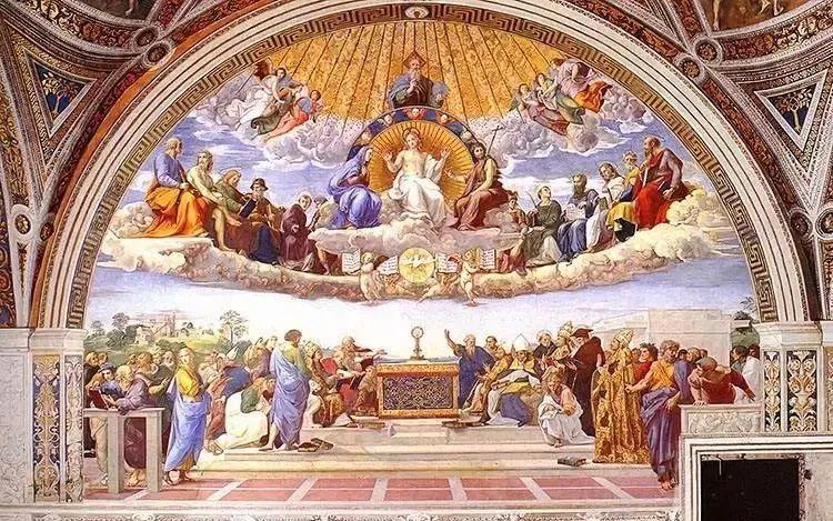 地面上画的是人数众多的教会领袖和高级僧侣,天上画的是神的三位一体