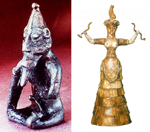 北欧出土弗雷神像(左)和克里特岛出土持蛇女神像(右)
