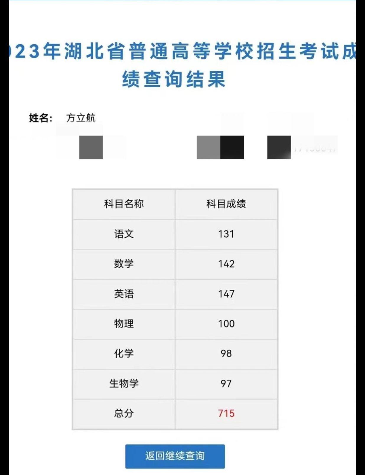 她的各科成绩是语文140分,数学143分,英语142分理综293分