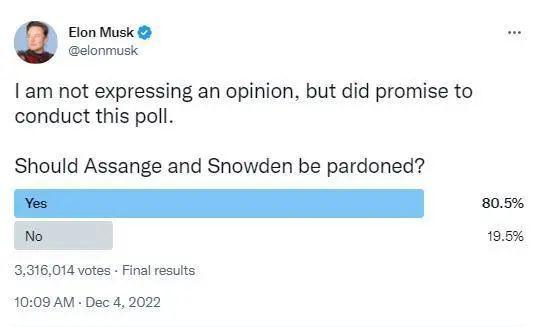 马斯克发起一项投票，询问网民是否支持赦免斯诺登和阿桑奇，结果 80% 的人支持赦免，这释放了哪些信息？