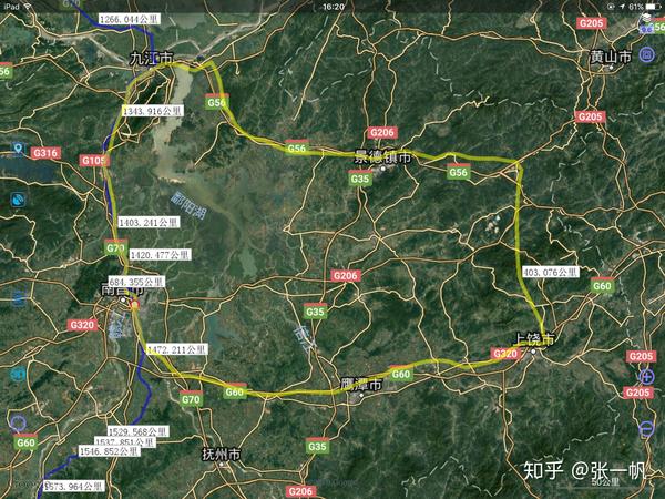 自己画了个路线图(黄色),全长684km,外环(顺时针)沿昌九城际-九景衢
