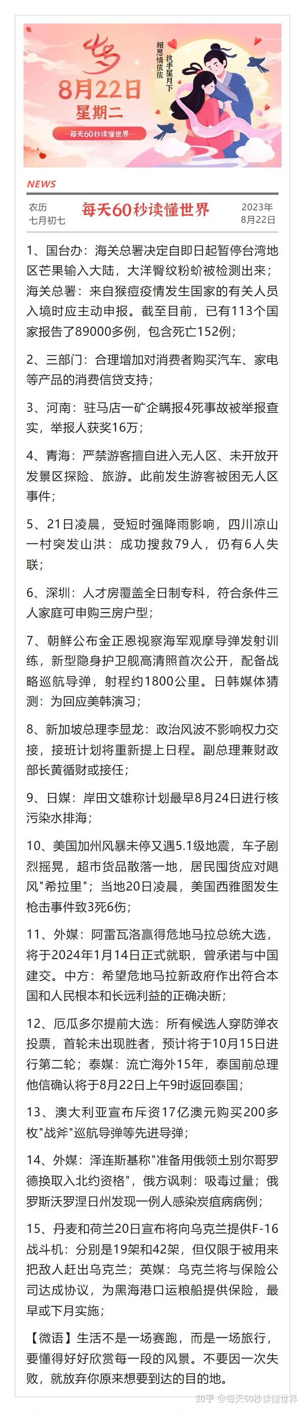 8月22日，星期二，在这里每天60秒读懂世界！