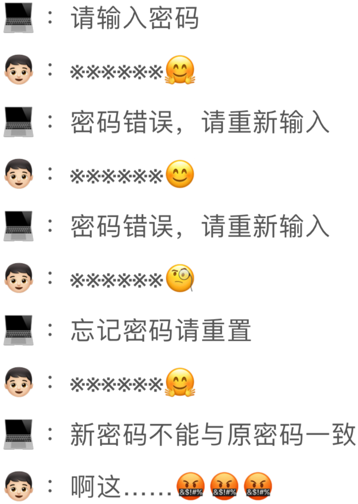 输入密码-密码错误-重置密码-输入新密码-新密码不能与原密码一致