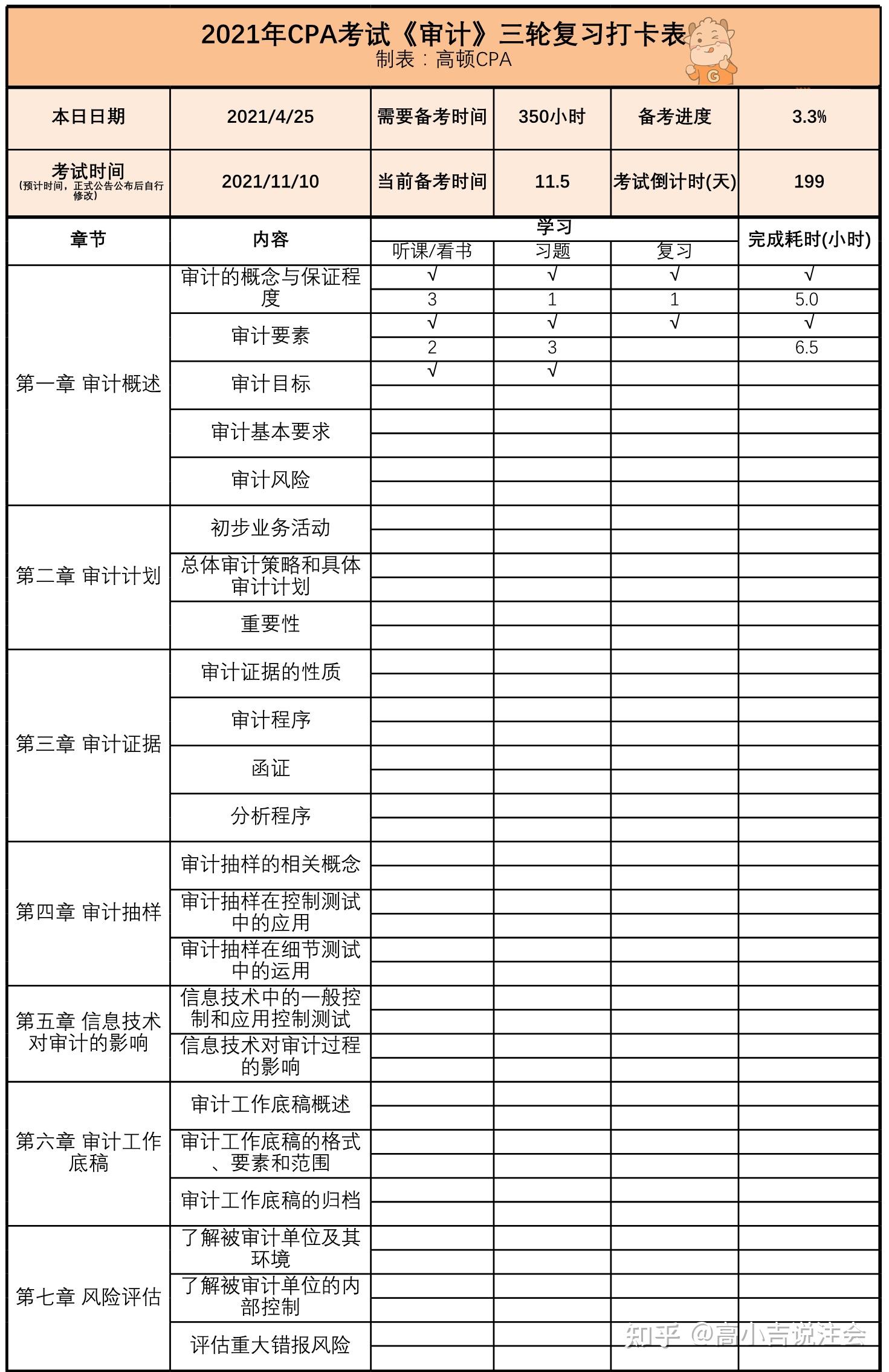 实用干货2021注册会计师审计学习打卡表收藏